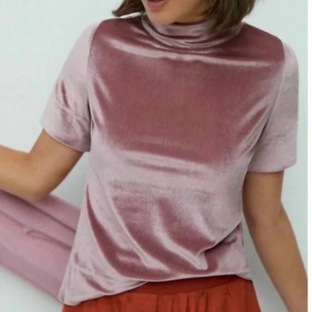 Anthropologie Krista Pink Velvet Mock Neck Short Sleeve Top l Size XS